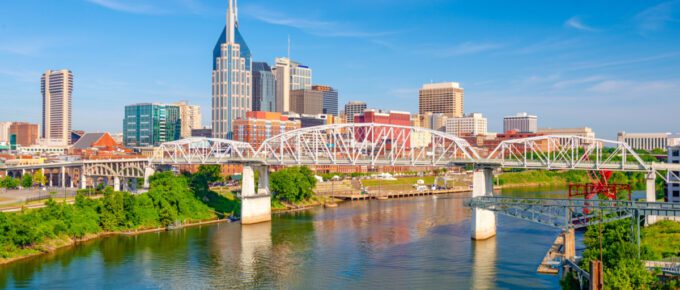 Nashville, Tennessee, USA downtown city skyline on the Cumberland River.
