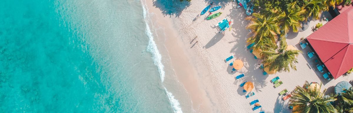 Aerial view of beach bar, Grand Anse Beach, Grenada, Caribbean.