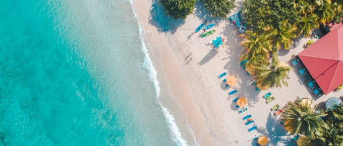 Aerial view of beach bar, Grand Anse Beach, Grenada, Caribbean.
