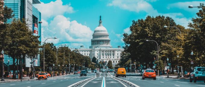 Wide road with a lot of vehicles during the day in Washington, USA.