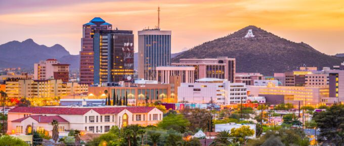 Tucson, Arizona, USA downtown skyline with Sentinel Peak at dusk.