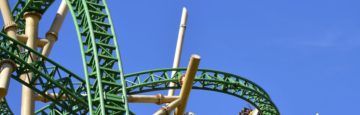Tourists on Cheetah Hunt roller coaster in Busch Gardens Tampa, Florida, USA.