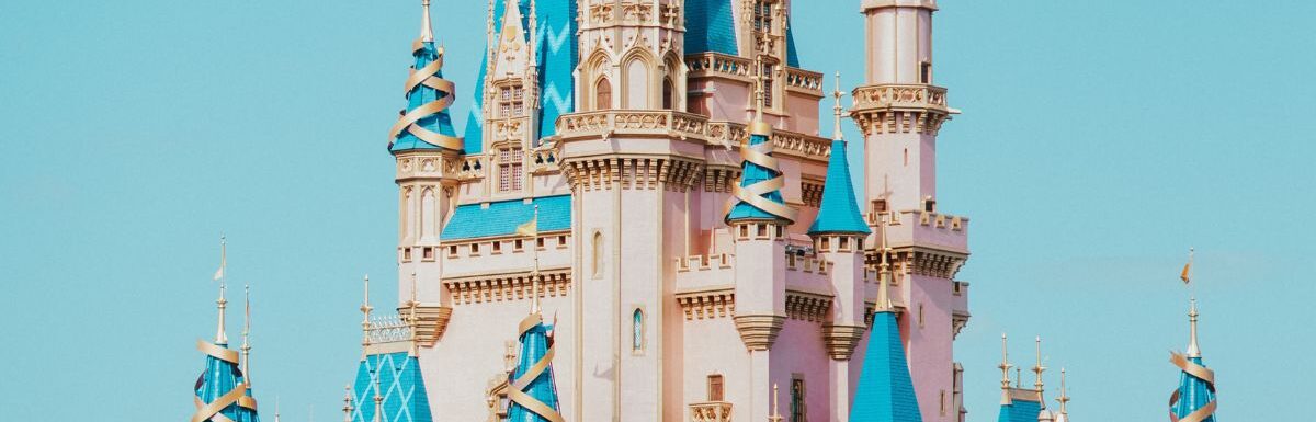 A castle with blue and white domes in Disney World, Orlando, Florida, USA.