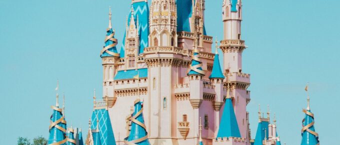 A castle with blue and white domes in Disney World, Orlando, Florida, USA.