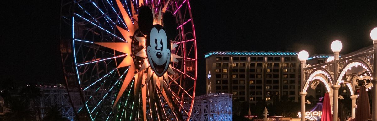 Mickey Mouse ferries wheel at night in Disneyland California, Anaheim, USA.