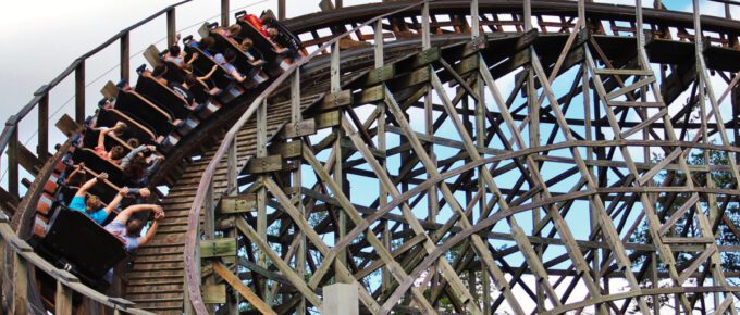 Dollywood wooden roller coaster ride in Tennessee, USA.