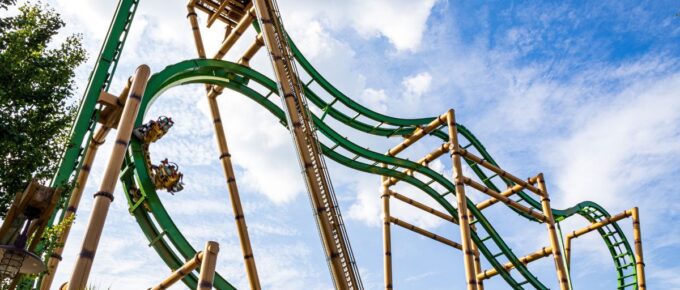 A closeup shot of tumbili roller coaster at kings dominion in Doswell, Virginia, USA.