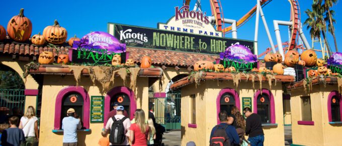 People entering Knott's Scary Farm at Knott's Berry Farm in Anaheim, California, USA.