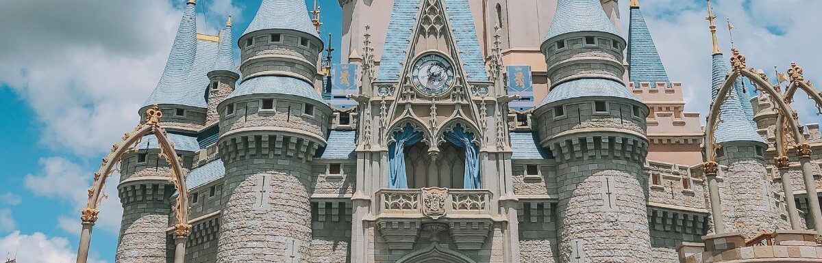 Mickey and Minnie Mouse in front of castle in Orlando, Florida, USA.