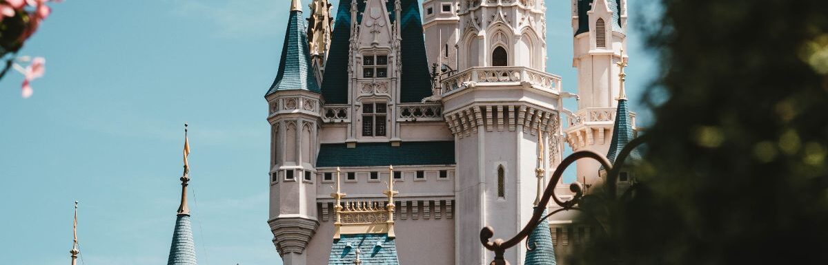 White and blue castle during the day at Disney World.