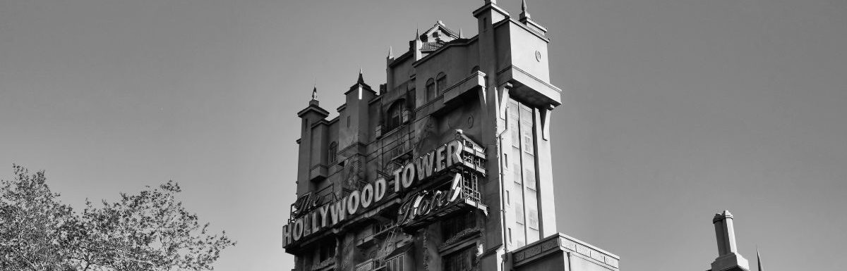Grayscale photo of the The Hollywood Tower Hotel in Walt Disney World Resort, Orlando, FL, USA.