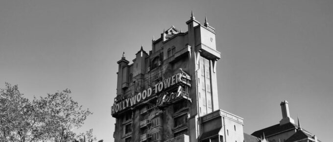 Grayscale photo of the The Hollywood Tower Hotel in Walt Disney World Resort, Orlando, FL, USA.