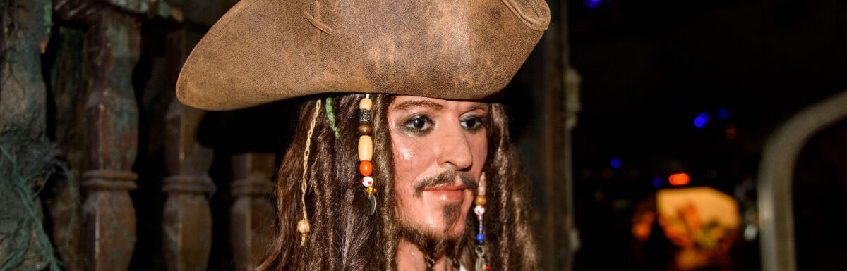 Johnny Depp as the Captain Jack Sparrow from the Pirates of the Caribbean, as a wax figure.
