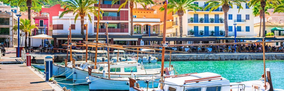Boats at pier of beautiful town of Port de Andratx on Majorca island, Spain Mediterranean Sea.