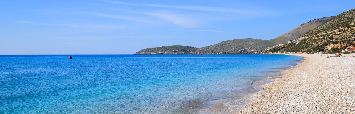 Borsh beach with turquoise water sea in Albania.