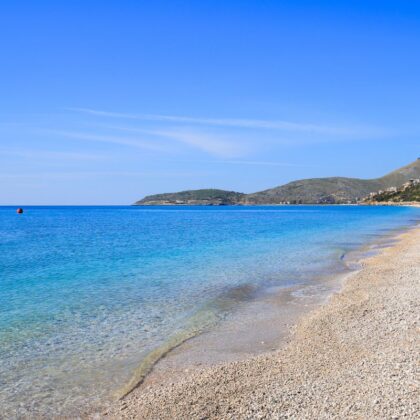 Borsh beach with turquoise water sea in Albania.