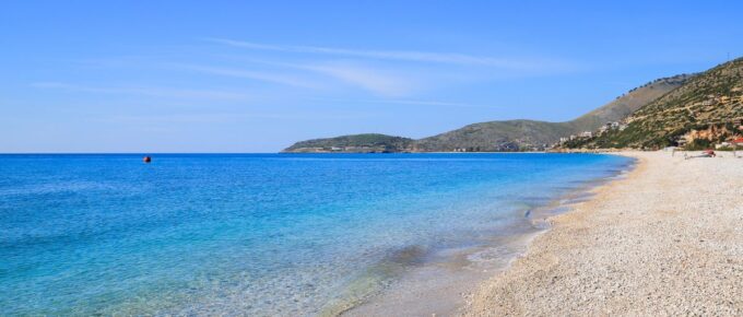 Borsh beach with turquoise water sea in Albania.